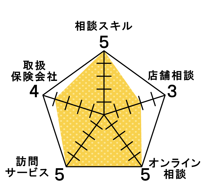 相談スキル5 取扱保険会社4 訪問サービス5 オンライン相談5 店舗相談3
